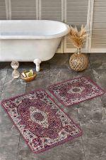 2'li Set Kırmızı Zeminde Dokuma Halı Motifli Osmanlı Desenli Avangarde Etnik Motifler  2'li Banyo & Mutfak Paspas Takımı Realhomes