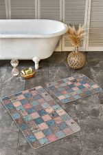 - Realhomes - Realhomes 2'li Set Otantik Zeminde Patchwork Motifli Geleneksel Desenli Etnik Motifler Vintage 2'li Banyo & Mutfak Paspas Takımı Realhomes