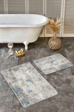 - Realhomes - Realhomes  2'li Set Krem - Mavi Zeminde Eskitme Motifli Kanvas Desenli Eskitme Motifli Sade & Şık  2'li Banyo & Mutfak Paspas Takımı Realhomes