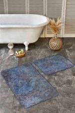 - Realhomes - Realhomes 2'li Set Mavi Zeminde Etnik Motifli Eskitme Desenli Vintage Eskitme Motifli 2'li Banyo & Mutfak Paspas Takımı Realhomes