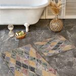 2'li Set Bej Zeminde Çerçeveli Motifli Eskitme Desenli Geometrik Klasik  2'li Banyo & Mutfak Paspas Takımı Realhomes