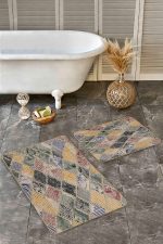 - Realhomes - Realhomes 2'li Set Geleneksel Zeminde Kilim Motifli Patchwork Desenli Vintage Klasik 2'li Banyo & Mutfak Paspas Takımı Realhomes
