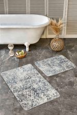 - Realhomes - Realhomes  2'li Set Krem - Bej Zeminde Antik Motifli Eskitme Desenli Eskitme Motifli Floral  2'li Banyo & Mutfak Paspas Takımı Realhomes