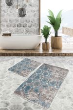 - PaspasTakimi-2li-Set1112-Gorsel-1 - Realhomes 2'li Set Mavi - Bej Zeminde Dokuma Halı Motifli Geleneksel Desenli Eskitme Motifli Etnik Motifler 2'li Banyo & Mutfak Paspas Takımı Realhomes