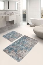 - PaspasTakimi-2li-Set1112-Gorsel - Realhomes 2'li Set Mavi - Bej Zeminde Dokuma Halı Motifli Geleneksel Desenli Eskitme Motifli Etnik Motifler 2'li Banyo & Mutfak Paspas Takımı Realhomes