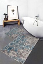 - PaspasTakimi-2li-Set1112-Gorsel-2 - Realhomes 2'li Set Mavi - Bej Zeminde Dokuma Halı Motifli Geleneksel Desenli Eskitme Motifli Etnik Motifler 2'li Banyo & Mutfak Paspas Takımı Realhomes