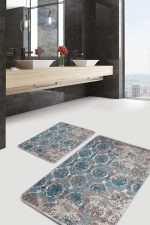 - PaspasTakimi-2li-Set1112-Gorsel-4 - Realhomes 2'li Set Mavi - Bej Zeminde Dokuma Halı Motifli Geleneksel Desenli Eskitme Motifli Etnik Motifler 2'li Banyo & Mutfak Paspas Takımı Realhomes