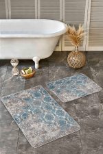 - Realhomes - Realhomes 2'li Set Mavi - Bej Zeminde Dokuma Halı Motifli Geleneksel Desenli Eskitme Motifli Etnik Motifler 2'li Banyo & Mutfak Paspas Takımı Realhomes