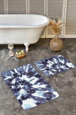 2'li Set Lacivert Zeminde Kanvas Motifli Fırça Darbeleri Desenli Modern Klasik  2'li Banyo & Mutfak Paspas Takımı Realhomes
