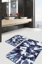 2'li Set Lacivert Zeminde Kanvas Motifli Fırça Darbeleri Desenli Modern Klasik  2'li Banyo & Mutfak Paspas Takımı Realhomes