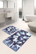 2'li Set Lacivert Zeminde Kanvas Motifli Fırça Darbeleri Desenli Modern Klasik  2'li Banyo & Mutfak Paspas Takımı Realhomes