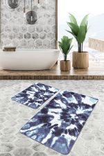 2'li Set Lacivert Zeminde Kanvas Motifli Fırça Darbeleri Desenli Modern Klasik  2'li Banyo & Mutfak Paspas Takımı Realhomes