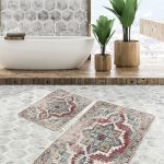 2'li Set Kahverengi - Füme Zeminde Çizgili Motifli Antik Desenli Vintage Eskitme Motifli  2'li Banyo & Mutfak Paspas Takımı Realhomes