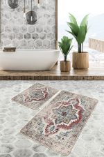 2'li Set Krem - Kırmızı Zeminde Hereke Motifli Dokuma Desenli Eskitme Motifli Avangarde  2'li Banyo & Mutfak Paspas Takımı Realhomes