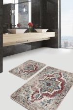 2'li Set Krem - Kırmızı Zeminde Hereke Motifli Dokuma Desenli Eskitme Motifli Avangarde  2'li Banyo & Mutfak Paspas Takımı Realhomes