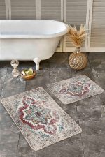 2'li Set Krem - Kırmızı Zeminde Hereke Motifli Dokuma Desenli Eskitme Motifli Avangarde  2'li Banyo & Mutfak Paspas Takımı Realhomes