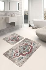 2'li Set Krem - Kırmızı Zeminde Hereke Motifli Dokuma Desenli Eskitme Motifli Avangarde  2'li Banyo & Mutfak Paspas Takımı Realhomes