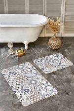 2'li Set Beyaz Zeminde Morrocan Motifli Etnik Desenli Etnik Motifler Vintage  2'li Banyo & Mutfak Paspas Takımı Realhomes