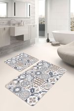 2'li Set Beyaz Zeminde Morrocan Motifli Etnik Desenli Etnik Motifler Vintage  2'li Banyo & Mutfak Paspas Takımı Realhomes