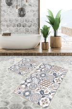 2'li Set Beyaz Zeminde Morrocan Motifli Etnik Desenli Etnik Motifler Vintage  2'li Banyo & Mutfak Paspas Takımı Realhomes