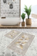 - PaspasTakimi-2li-Set1117-Gorsel - Realhomes  2'li Set Gold - Krem Zeminde Çerçeveli Motifli Çiçek Desenli Sade & Şık Modern  2'li Banyo & Mutfak Paspas Takımı Realhomes