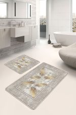 - PaspasTakimi-2li-Set1117-Gorsel-5 - Realhomes  2'li Set Gold - Krem Zeminde Çerçeveli Motifli Çiçek Desenli Sade & Şık Modern  2'li Banyo & Mutfak Paspas Takımı Realhomes