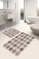 - PaspasTakimi-2li-Set1118-Gorsel - Realhomes 2'li Set Kahverengi - Bej Zeminde Morrocan Motifli Etnik Desenli Geometrik Sade & Şık 2'li Banyo & Mutfak Paspas Takımı Realhomes