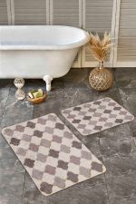 - Realhomes - Realhomes 2'li Set Kahverengi - Bej Zeminde Morrocan Motifli Etnik Desenli Geometrik Sade & Şık 2'li Banyo & Mutfak Paspas Takımı Realhomes