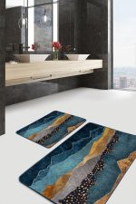 - PaspasTakimi-2li-Set1119-Gorsel-1 - Realhomes 2'li Set Mavi - Gold Zeminde Kanvas Motifli Mermer Desenli Modern Sade & Şık 2'li Banyo & Mutfak Paspas Takımı Realhomes