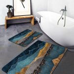 2'li Set Siyah - Gri Zeminde Çerçeveli Motifli Mermer Desenli Geometrik Eskitme Motifli  2'li Banyo & Mutfak Paspas Takımı Realhomes