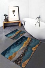 - PaspasTakimi-2li-Set1119-Gorsel - Realhomes 2'li Set Mavi - Gold Zeminde Kanvas Motifli Mermer Desenli Modern Sade & Şık 2'li Banyo & Mutfak Paspas Takımı Realhomes