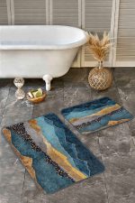 - Realhomes - Realhomes 2'li Set Mavi - Gold Zeminde Kanvas Motifli Mermer Desenli Modern Sade & Şık 2'li Banyo & Mutfak Paspas Takımı Realhomes