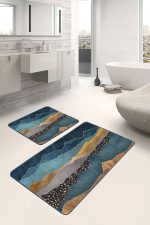 - PaspasTakimi-2li-Set1119-Gorsel-4 - Realhomes 2'li Set Mavi - Gold Zeminde Kanvas Motifli Mermer Desenli Modern Sade & Şık 2'li Banyo & Mutfak Paspas Takımı Realhomes