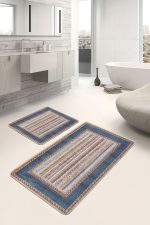 2'li Set Mavi Zeminde Kilim Motifli Dokuma Desenli Etnik Motifler Avangarde  2'li Banyo & Mutfak Paspas Takımı Realhomes