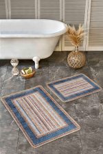 2'li Set Mavi Zeminde Kilim Motifli Dokuma Desenli Etnik Motifler Avangarde  2'li Banyo & Mutfak Paspas Takımı Realhomes