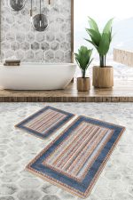 2'li Set Mavi Zeminde Kilim Motifli Dokuma Desenli Etnik Motifler Avangarde  2'li Banyo & Mutfak Paspas Takımı Realhomes