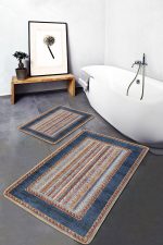 2'li Set Mavi Zeminde Kilim Motifli Dokuma Desenli Etnik Motifler Avangarde  2'li Banyo & Mutfak Paspas Takımı Realhomes