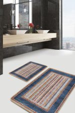 2'li Set Mavi Zeminde Kilim Motifli Dokuma Desenli Etnik Motifler Avangarde  2'li Banyo & Mutfak Paspas Takımı Realhomes