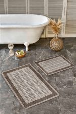 - Realhomes - Realhomes  2'li Set Kahverengi Zeminde Uşak Motifli Geleneksel Desenli Vintage Etnik Motifler  2'li Banyo & Mutfak Paspas Takımı Realhomes