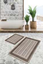 - PaspasTakimi-2li-Set1122-Gorsel-5 - Realhomes  2'li Set Kahverengi Zeminde Uşak Motifli Geleneksel Desenli Vintage Etnik Motifler  2'li Banyo & Mutfak Paspas Takımı Realhomes