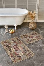 - Realhomes - Realhomes 2'li Set Krem Zeminde Hereke Motifli Etnik Desenli Avangarde Etnik Motifler 2'li Banyo & Mutfak Paspas Takımı Realhomes