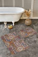 - Realhomes - Realhomes  2'li Set Otantik Zeminde Geleneksel Motifli Patchwork Desenli Vintage Etnik Motifler  2'li Banyo & Mutfak Paspas Takımı Realhomes