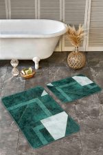- Realhomes - Realhomes  2'li Set Yeşil Zeminde Dokuma Halı Motifli Geometrik Desenli Sade & Şık Geometrik  2'li Banyo & Mutfak Paspas Takımı Realhomes