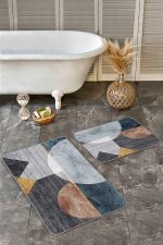 - Realhomes - Realhomes  2'li Set Geometrik Zeminde Dokuma Halı Motifli Çizgili Desenli Geometrik Klasik  2'li Banyo & Mutfak Paspas Takımı Realhomes