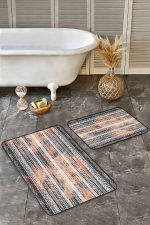 - Realhomes - Realhomes  2'li Set Siyah - Kremit Zeminde Etnik Motifli Eskitme Desenli Geometrik Eskitme Motifli  2'li Banyo & Mutfak Paspas Takımı Realhomes