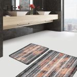 2'li Set Füme - Ekru Zeminde Dokuma Motifli Eskitme Desenli Eskitme Motifli Modern  2'li Banyo & Mutfak Paspas Takımı Realhomes