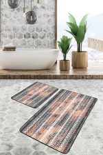 - PaspasTakimi-2li-Set1128-Gorsel-4 - Realhomes  2'li Set Siyah - Kremit Zeminde Etnik Motifli Eskitme Desenli Geometrik Eskitme Motifli  2'li Banyo & Mutfak Paspas Takımı Realhomes