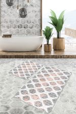 2'li Set Krem Zeminde Etnik Motifli Geometrik Desenli Geometrik Eskitme Motifli  2'li Banyo & Mutfak Paspas Takımı Realhomes