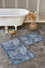 - Realhomes - Realhomes  2'li Set Gold - Mavi Zeminde Geometrik Motifli Eskitme Desenli Eskitme Motifli Geometrik  2'li Banyo & Mutfak Paspas Takımı Realhomes