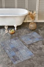 - Realhomes - Realhomes  2'li Set Mavi - Gri Zeminde Patchwork Motifli Etnik Desenli Vintage Eskitme Motifli  2'li Banyo & Mutfak Paspas Takımı Realhomes